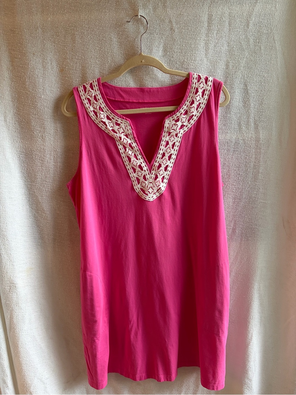 Lands' End Bright Pink Sleeveless Swim Coverup with White Crochet V-Neck